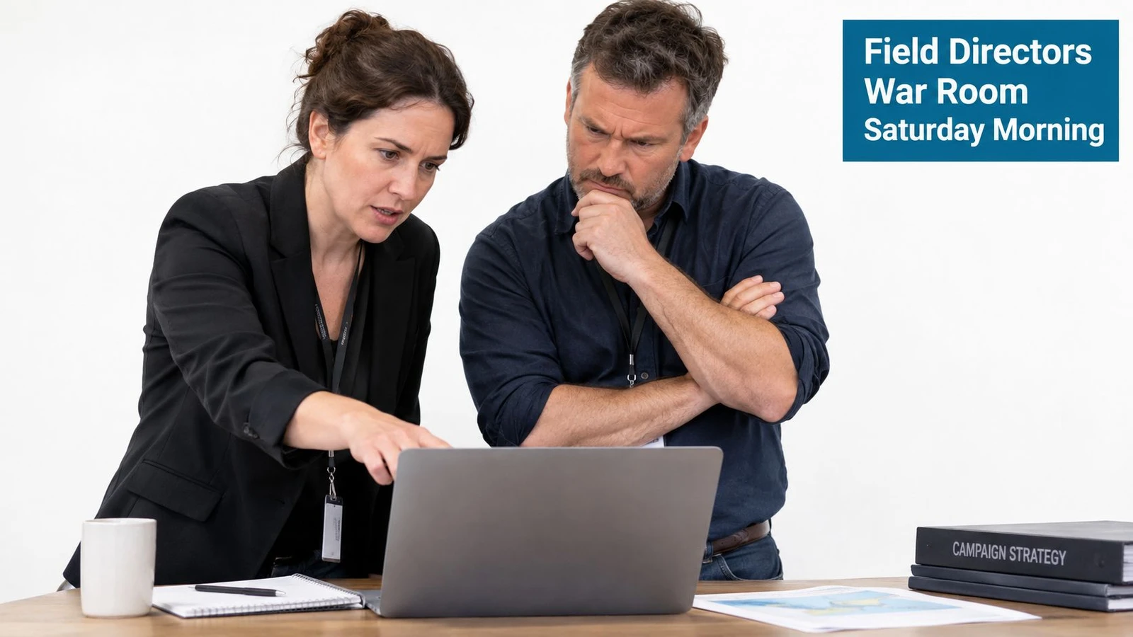 A man and a woman in business attire looking at a laptop computer during a strategy meeting.