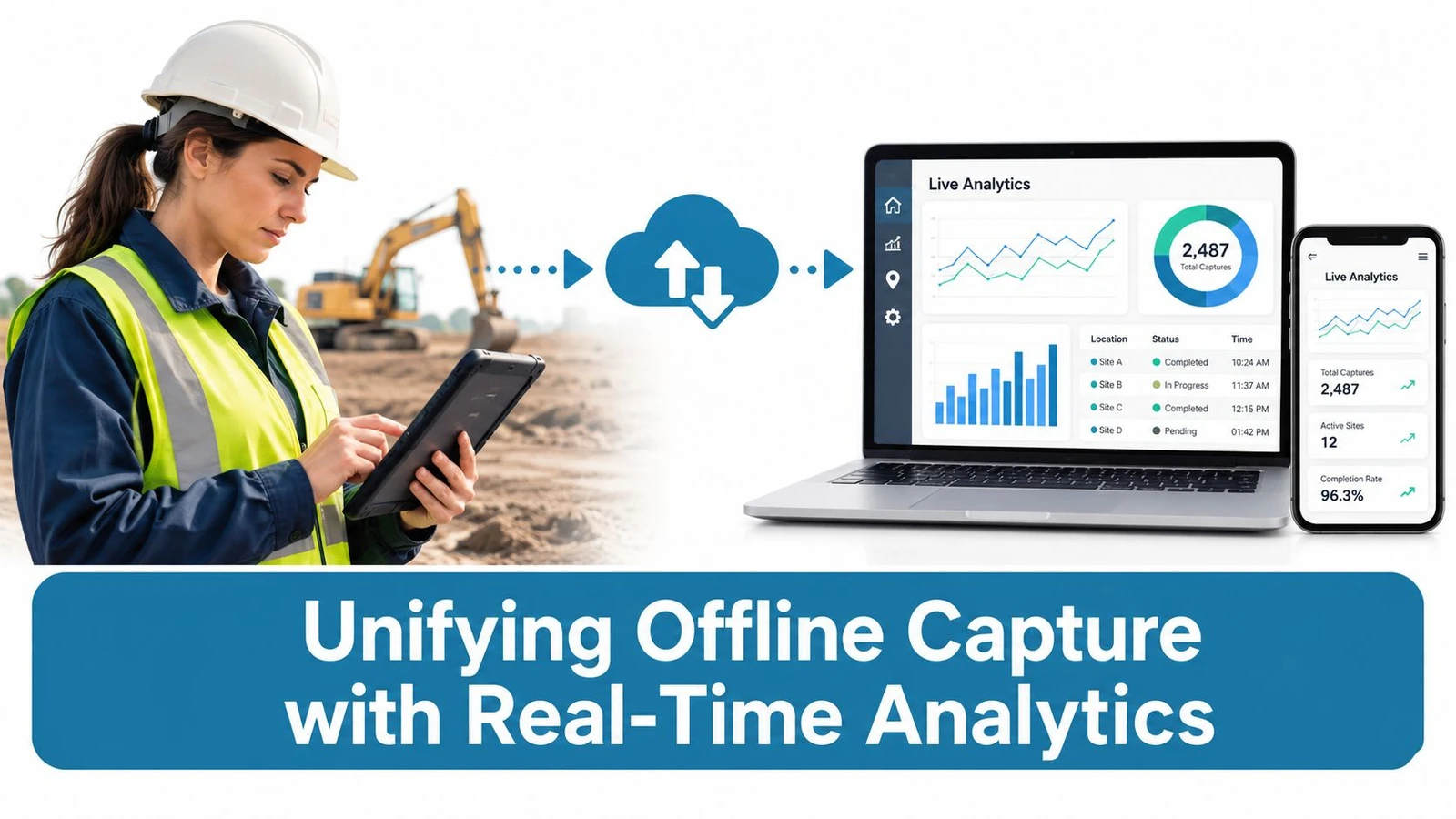 A construction worker using a tablet to sync data to a cloud dashboard for real-time analytics.