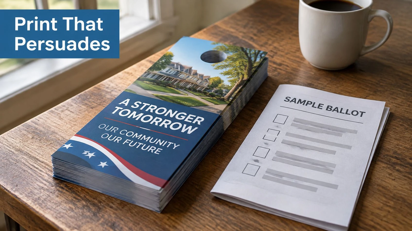 A stack of political door hangers and a sample ballot resting on a wooden desk table.