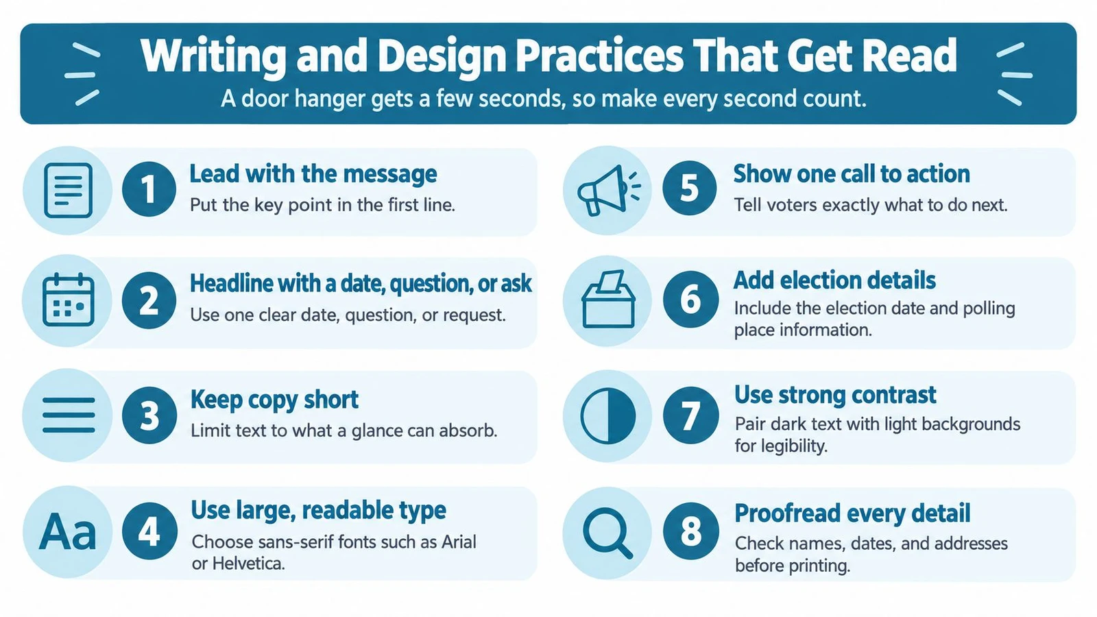 An infographic titled Writing and Design Practices That Get Read detailing eight tips for creating effective campaign door hangers.