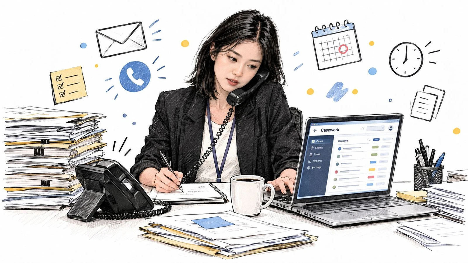 A professional woman working at her desk with documents, a laptop, and phone, managing casework tasks.