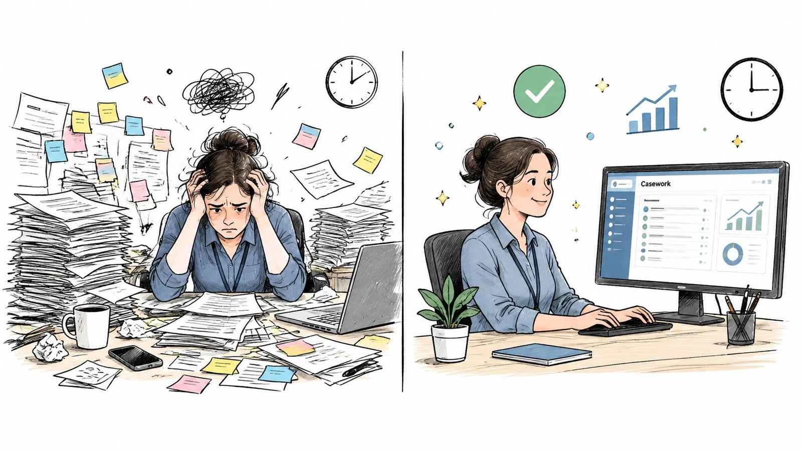 A split image showing a stressed worker with messy papers versus a productive worker using casework software.