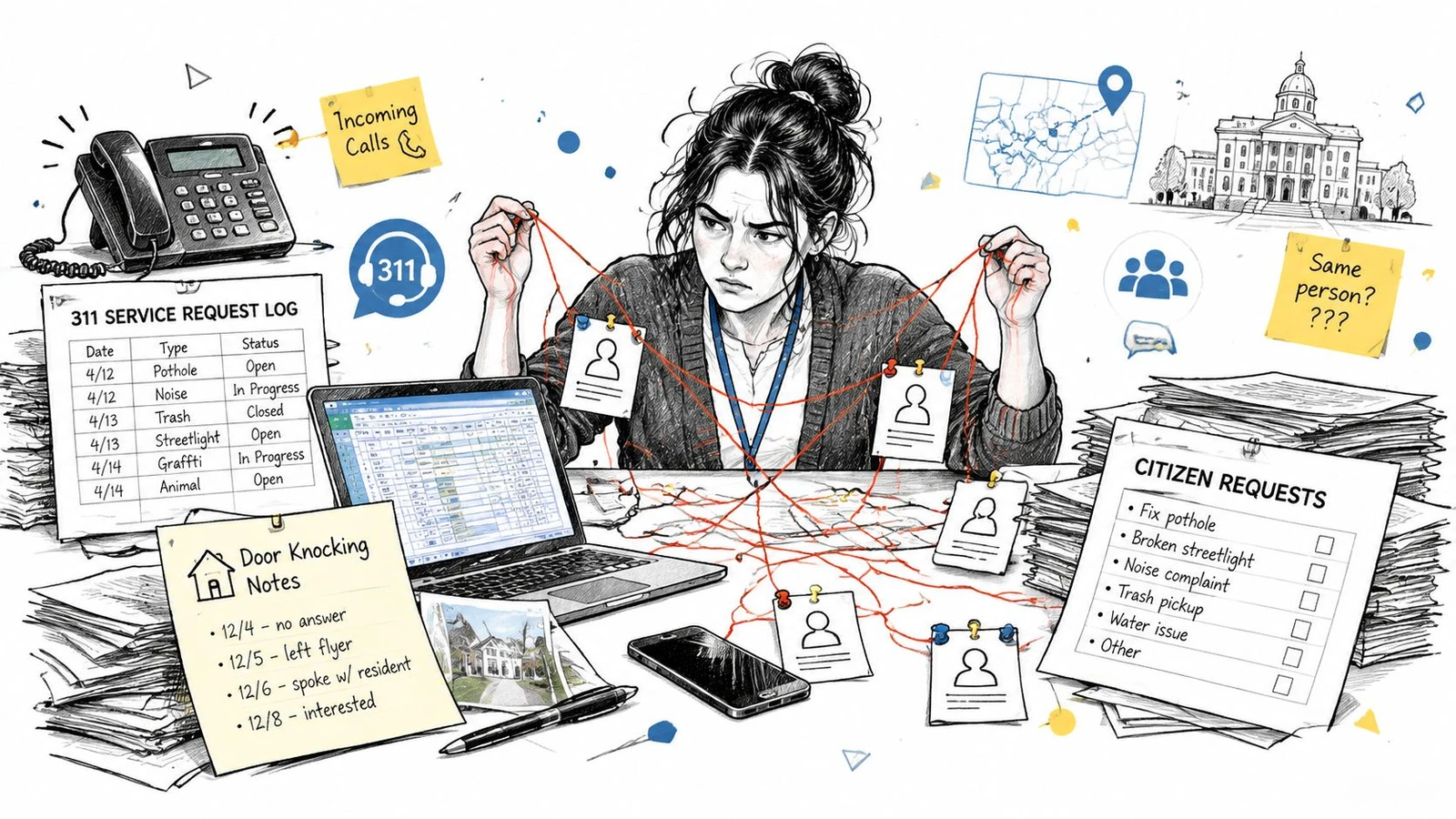 A focused worker managing city service requests and tracking citizen connections with red string on a map.