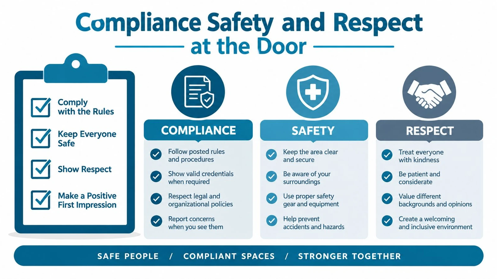 An infographic titled Compliance, Safety, and Respect at the Door outlining key workplace behavioral standards and expectations.