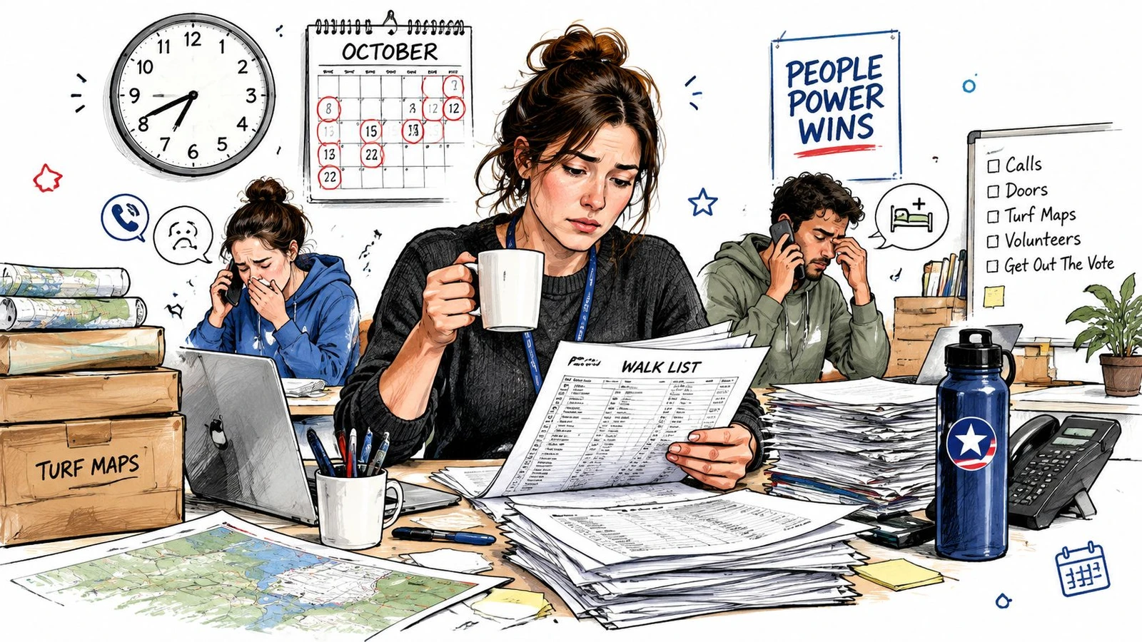 A team of stressed political campaign workers managing election tasks, walk lists, and maps in a busy office.