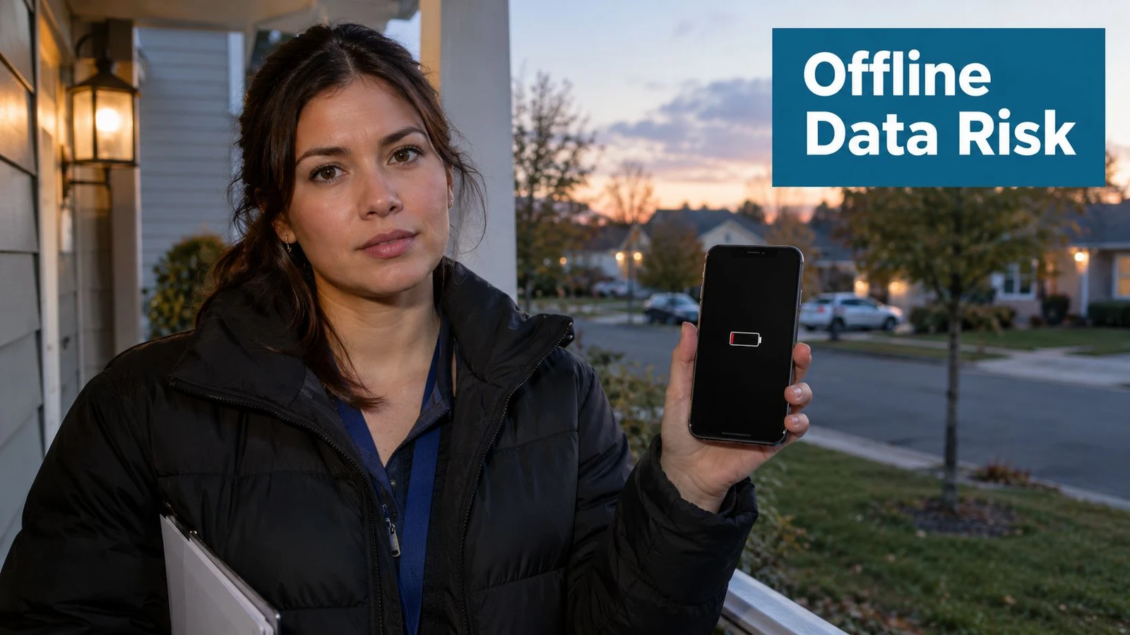 A professional woman holding a smartphone with a low battery icon outdoors in a residential area.