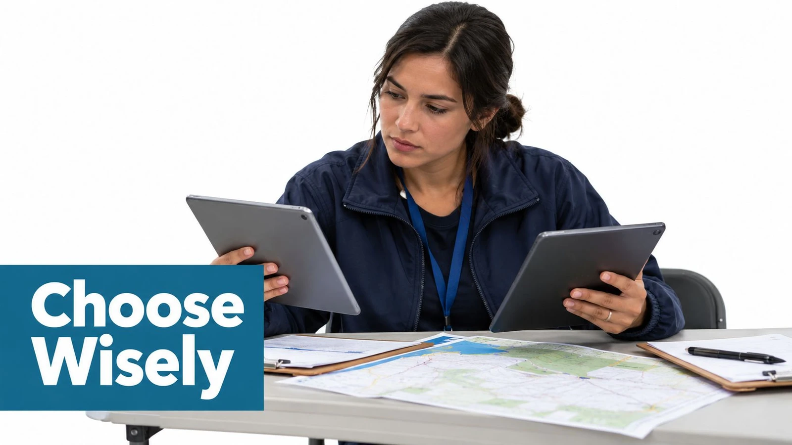 A professional woman sitting at a table comparing two tablets with maps and documents.