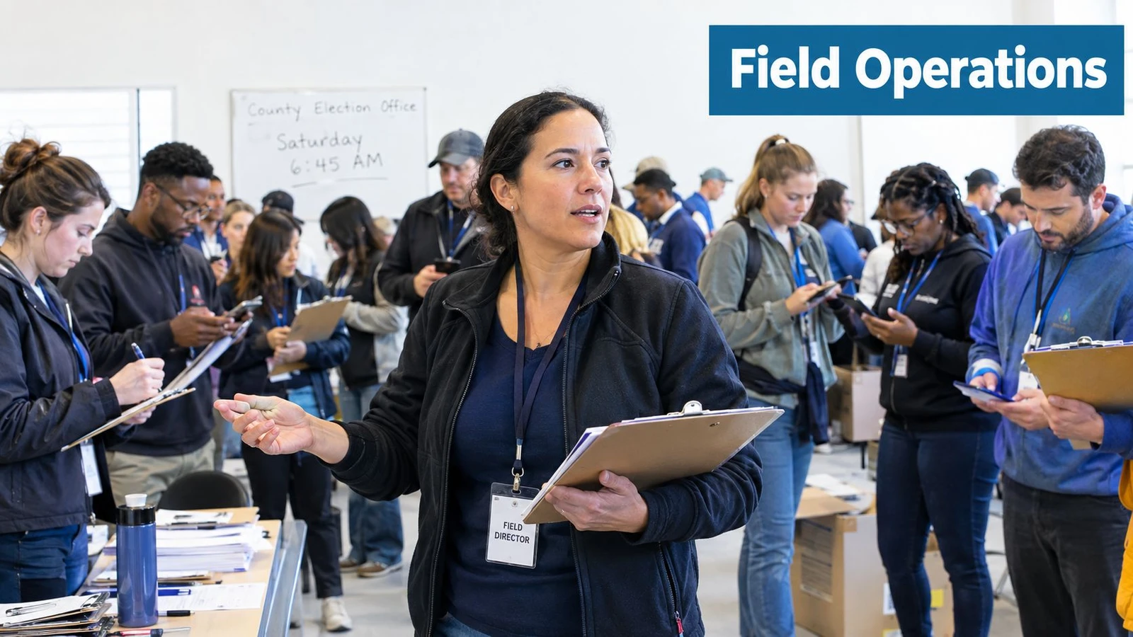 A diverse group of field organizers receiving instructions from a female field director in an office setting.