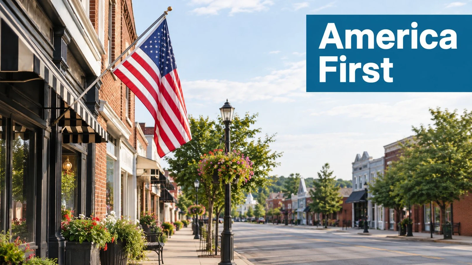 An American flag hangs in front of a quaint, sunlit small-town main street with brick buildings.