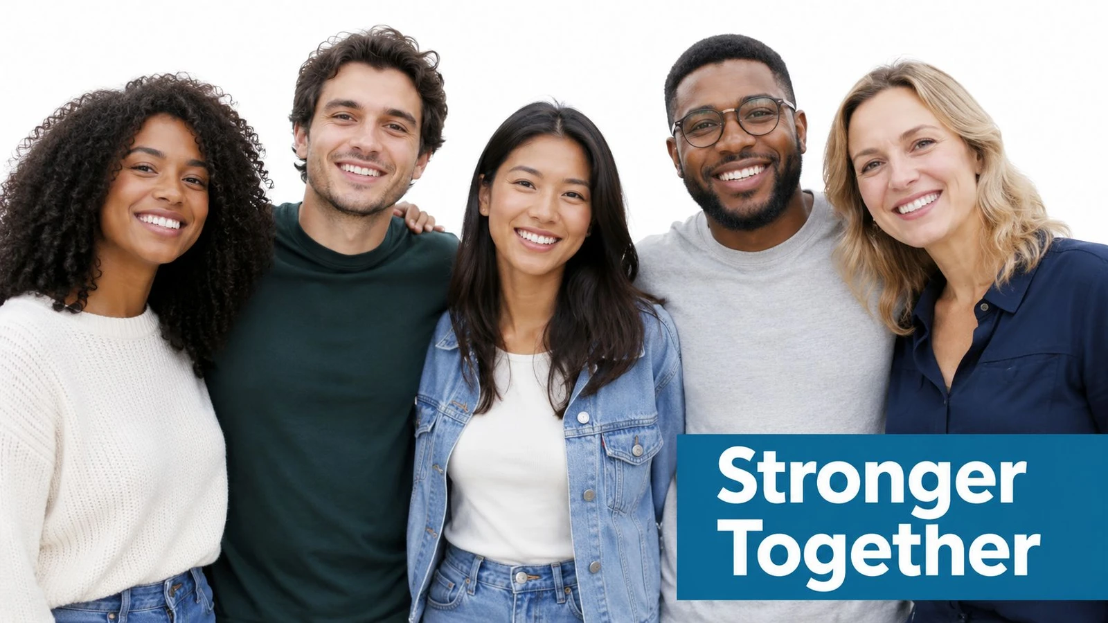 A diverse group of five smiling young adults standing together in front of a white background.