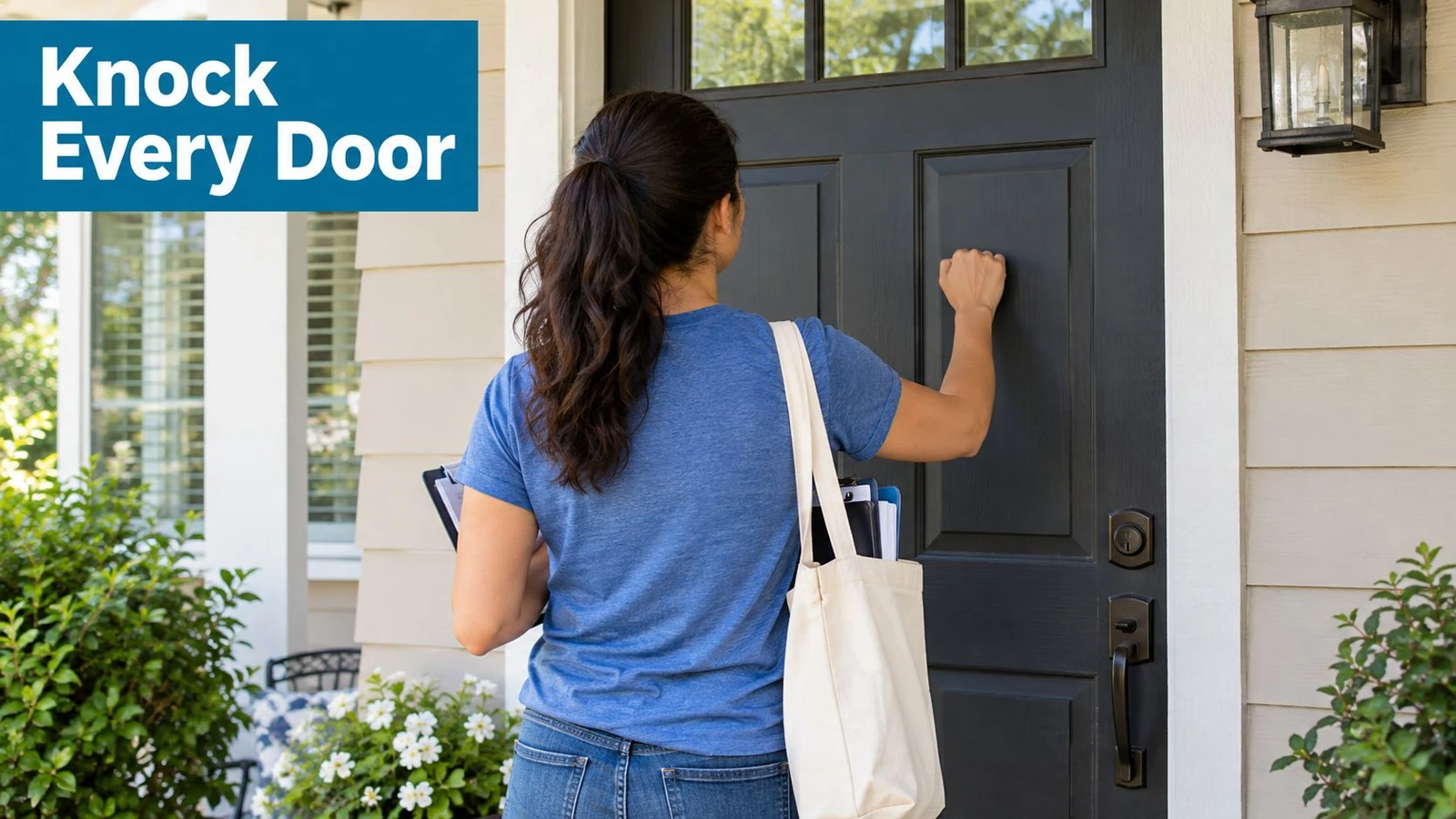 A woman holding a clipboard and tote bag knocks on a black residential front door.