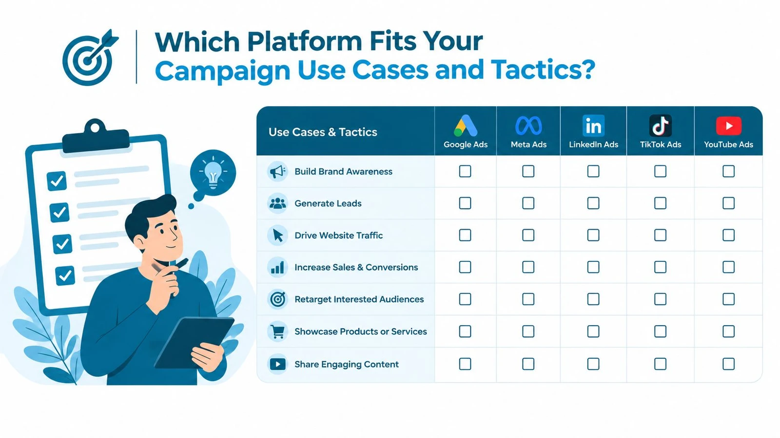 A table comparing digital advertising platforms like Google, Meta, LinkedIn, TikTok, and YouTube for marketing campaigns.