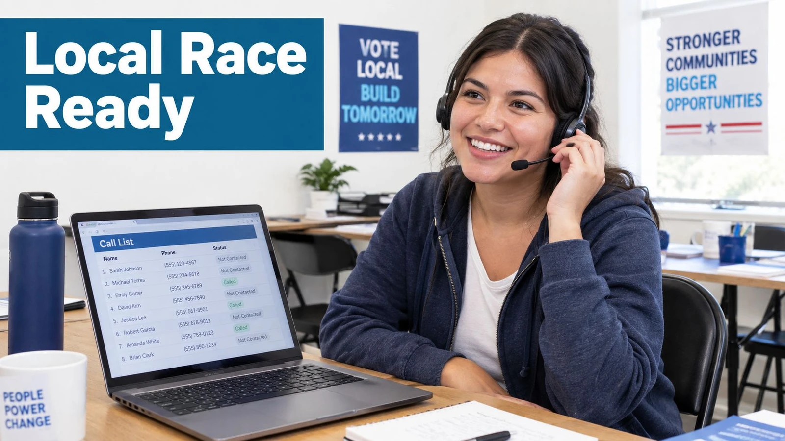 A woman wearing a headset, smiling while using phone bank software to make volunteer campaign calls.
