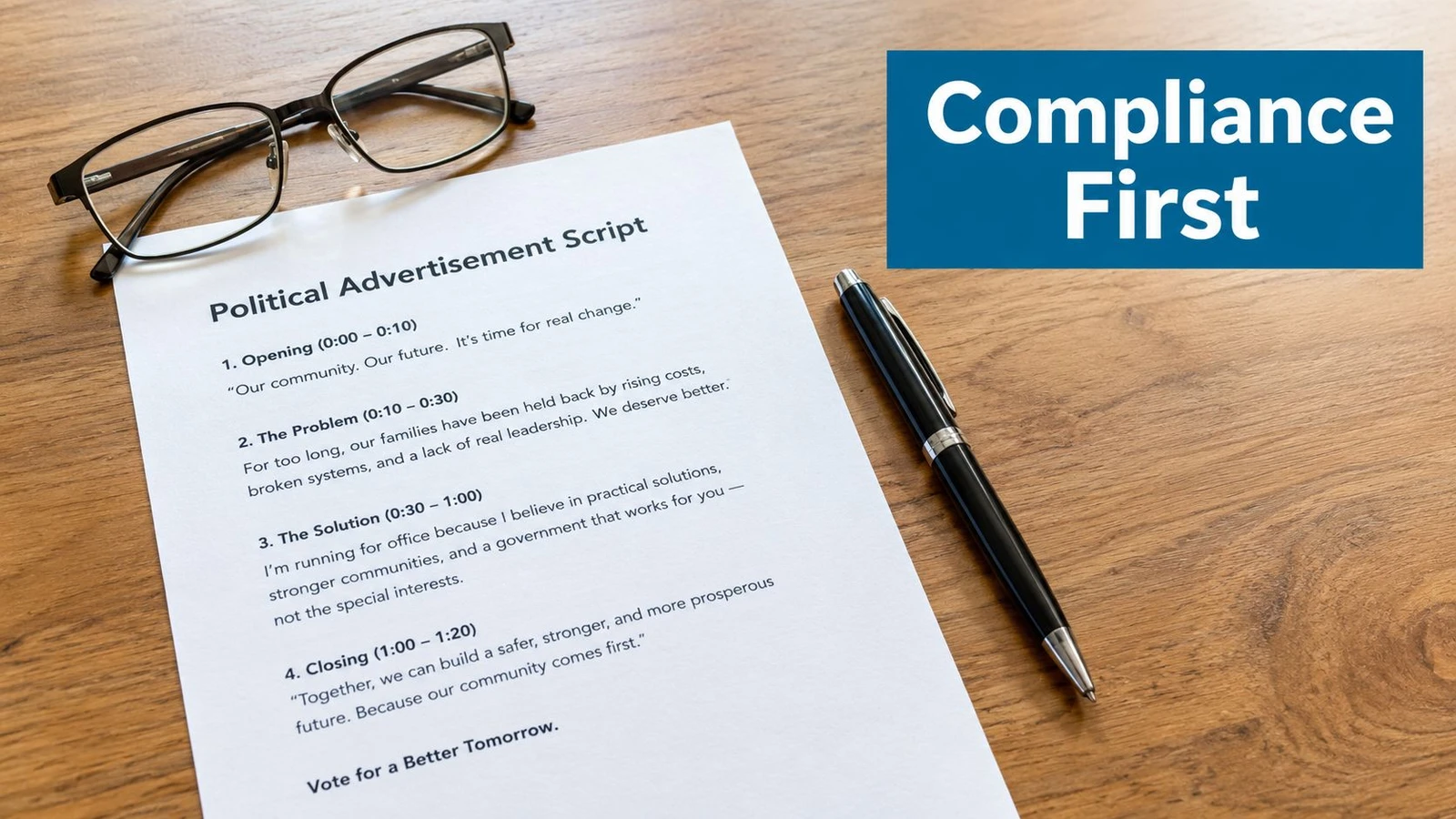 A document titled Political Advertisement Script lies on a wooden desk next to glasses and a pen.