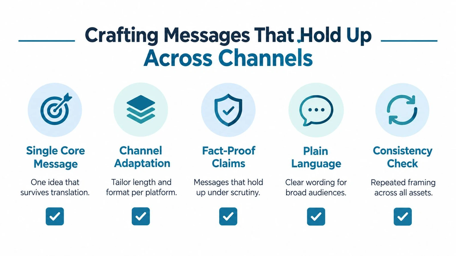 A diagram outlining five key strategies for crafting effective, consistent, and clear messages across different media channels.