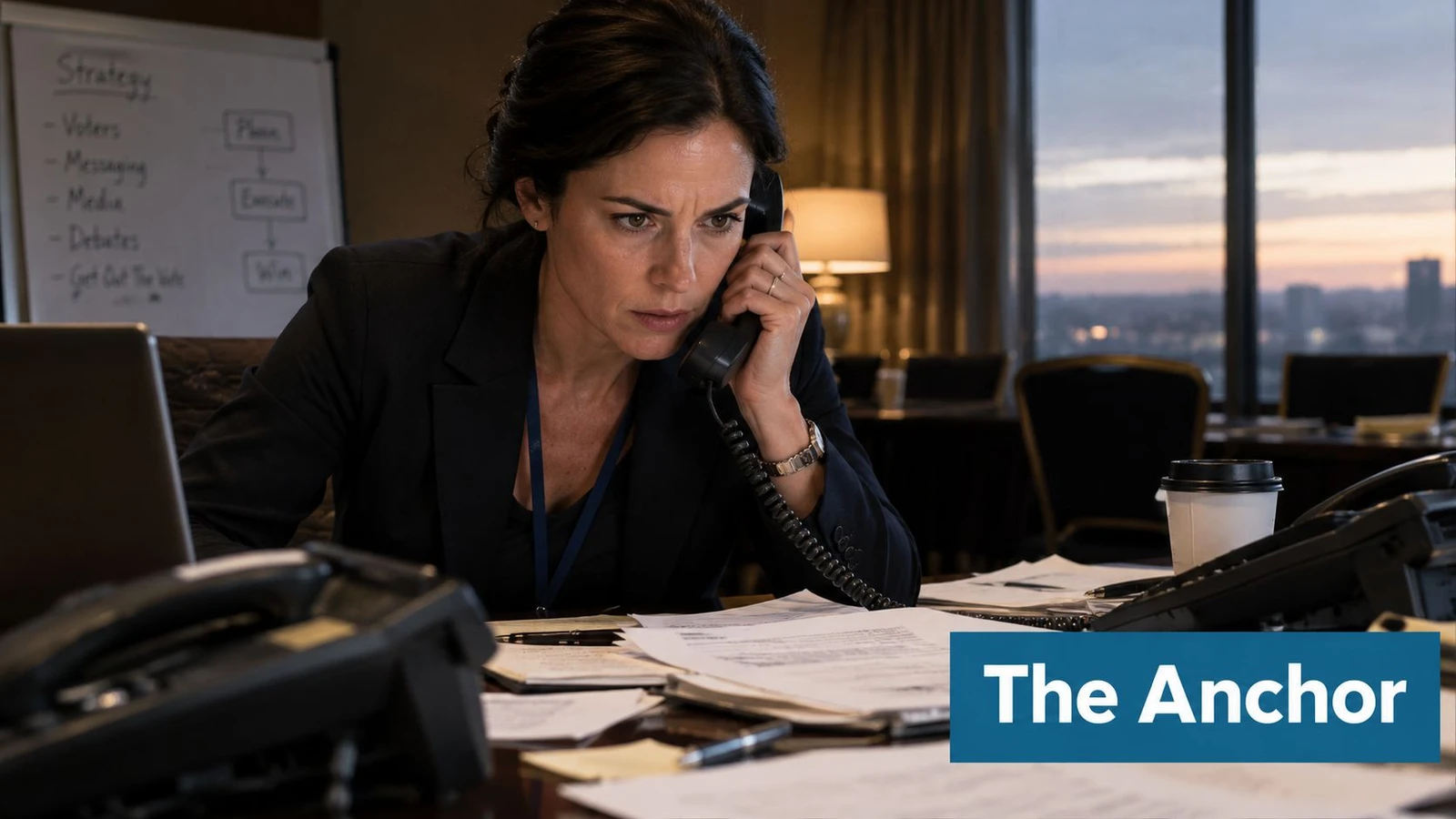 A focused political campaign manager talks on the phone while working in a dimly lit office.