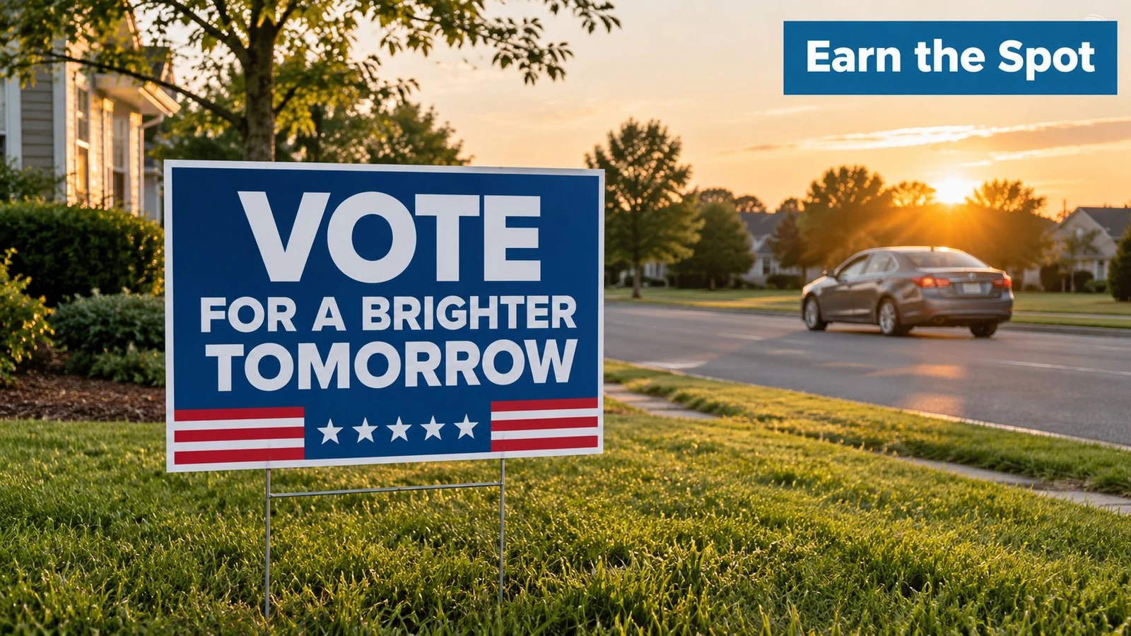 A blue political yard sign that reads Vote For A Brighter Tomorrow placed on a lush lawn.