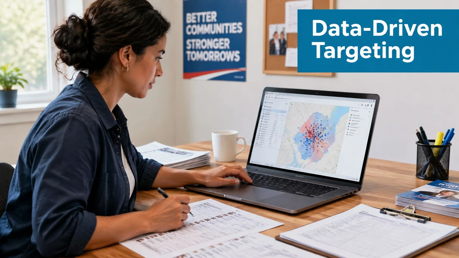 A woman working at a desk using a laptop with mapping software to analyze political voter data.