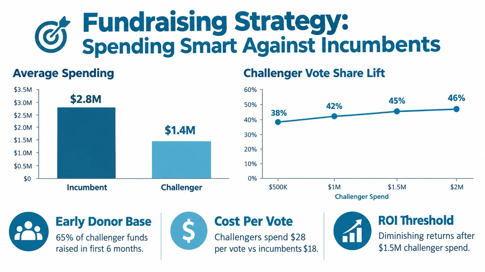 A chart comparing incumbent and challenger fundraising and spending strategies in political campaigns.