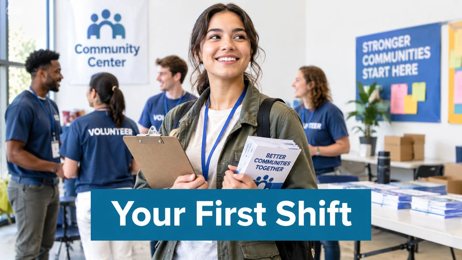 A smiling young female volunteer holding a clipboard and pamphlets at a community center orientation event.