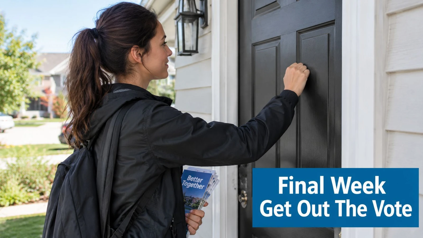 A young woman wearing a black jacket and backpack knocking on a black front door during canvassing.