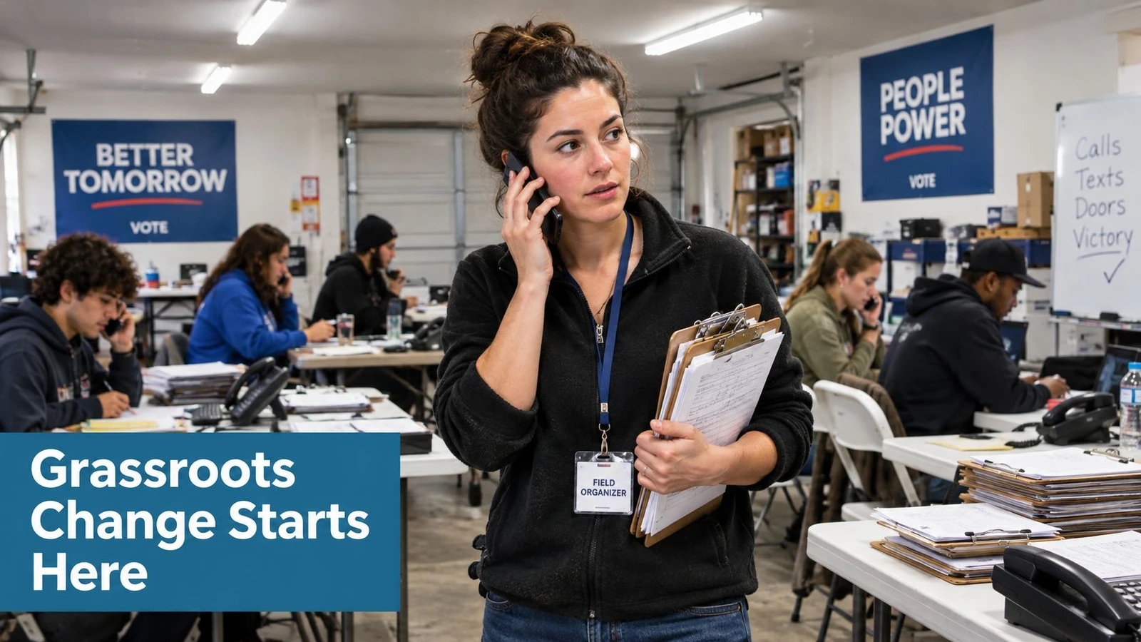 A woman acting as a field organizer makes a phone call while managing a busy campaign office.