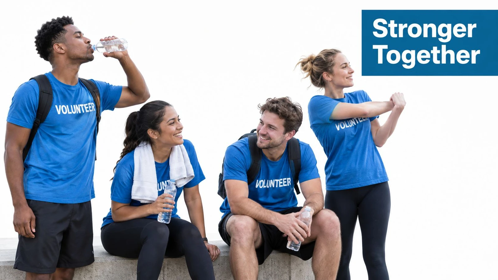 A group of volunteers in blue shirts taking a break and drinking water together outdoors.