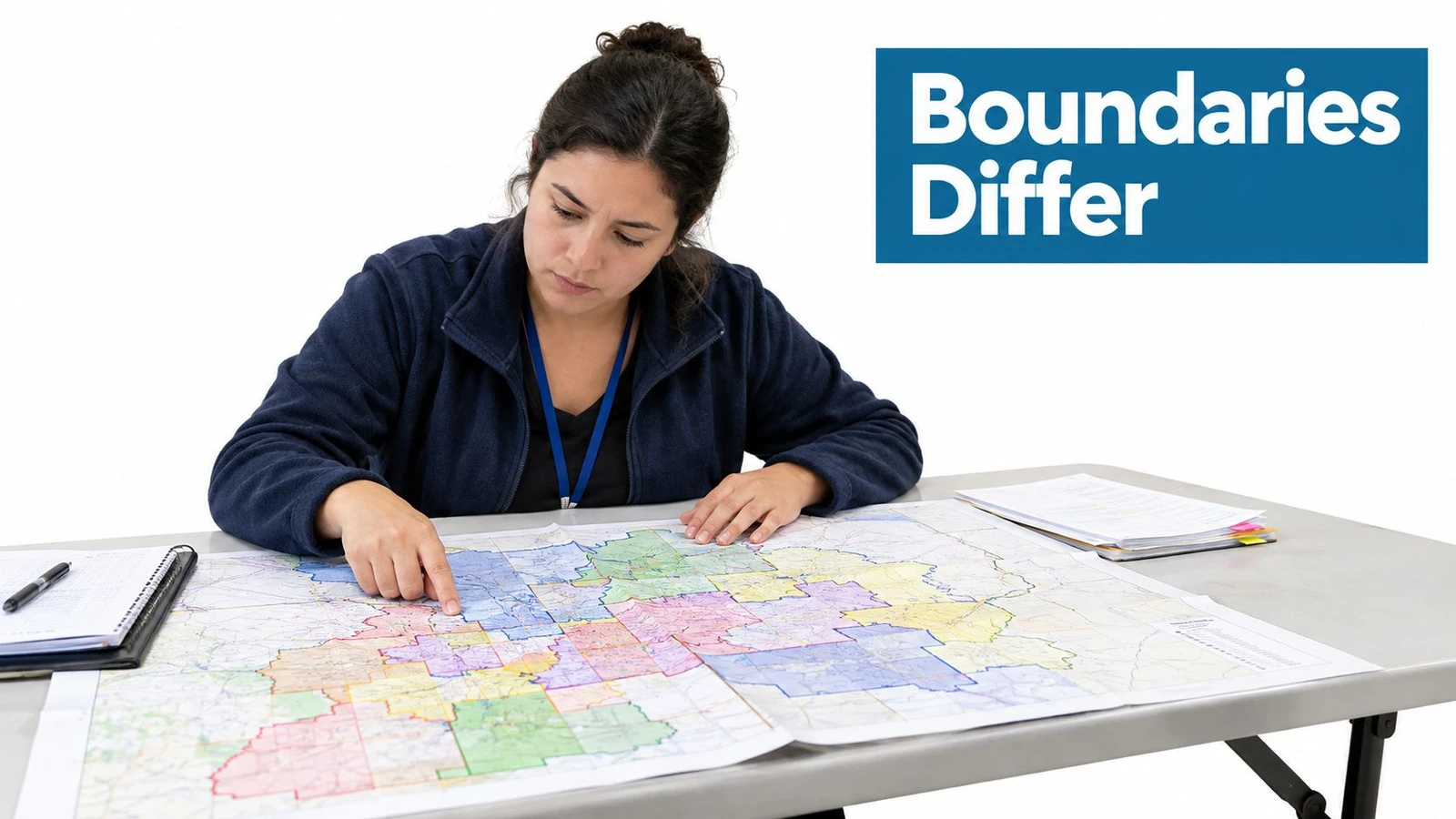 A woman studying a large, colorful map of congressional district boundaries on a table.