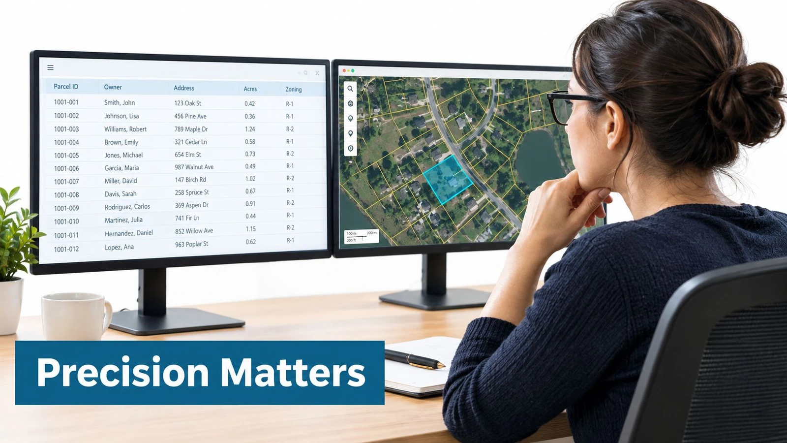 A professional analyzing property parcel data on dual computer monitors in a well-lit office workspace.