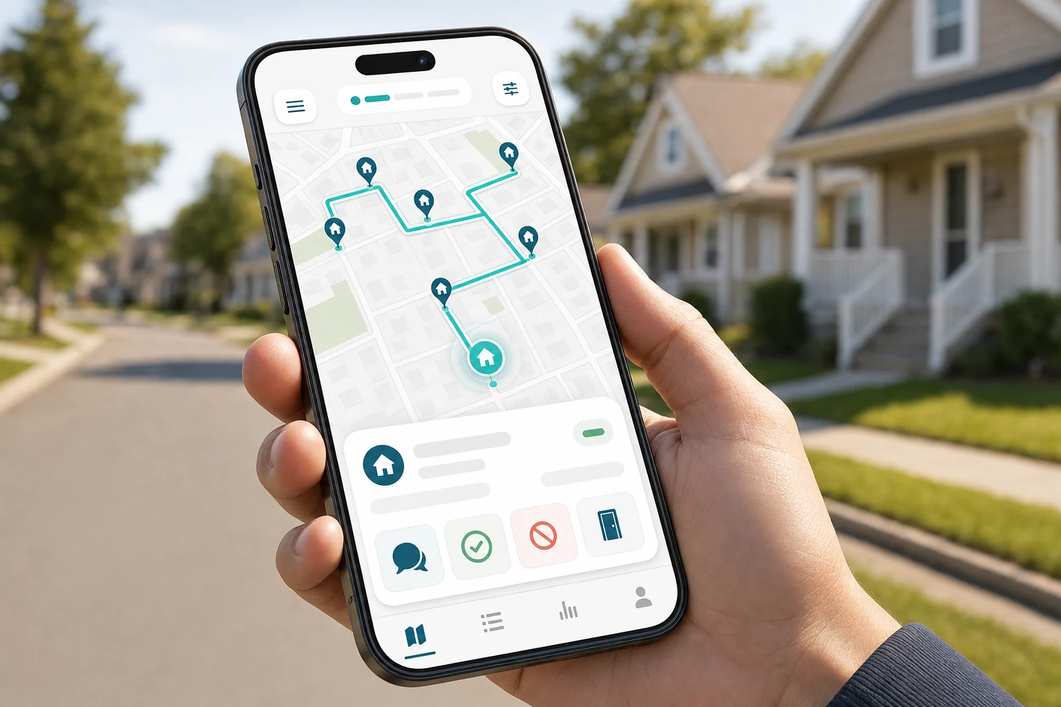 A canvasser knocking on a door following an optimized mobile route
